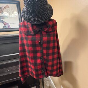 NWT Stylish Red and Black Plaid Cape Jacket with High Collar